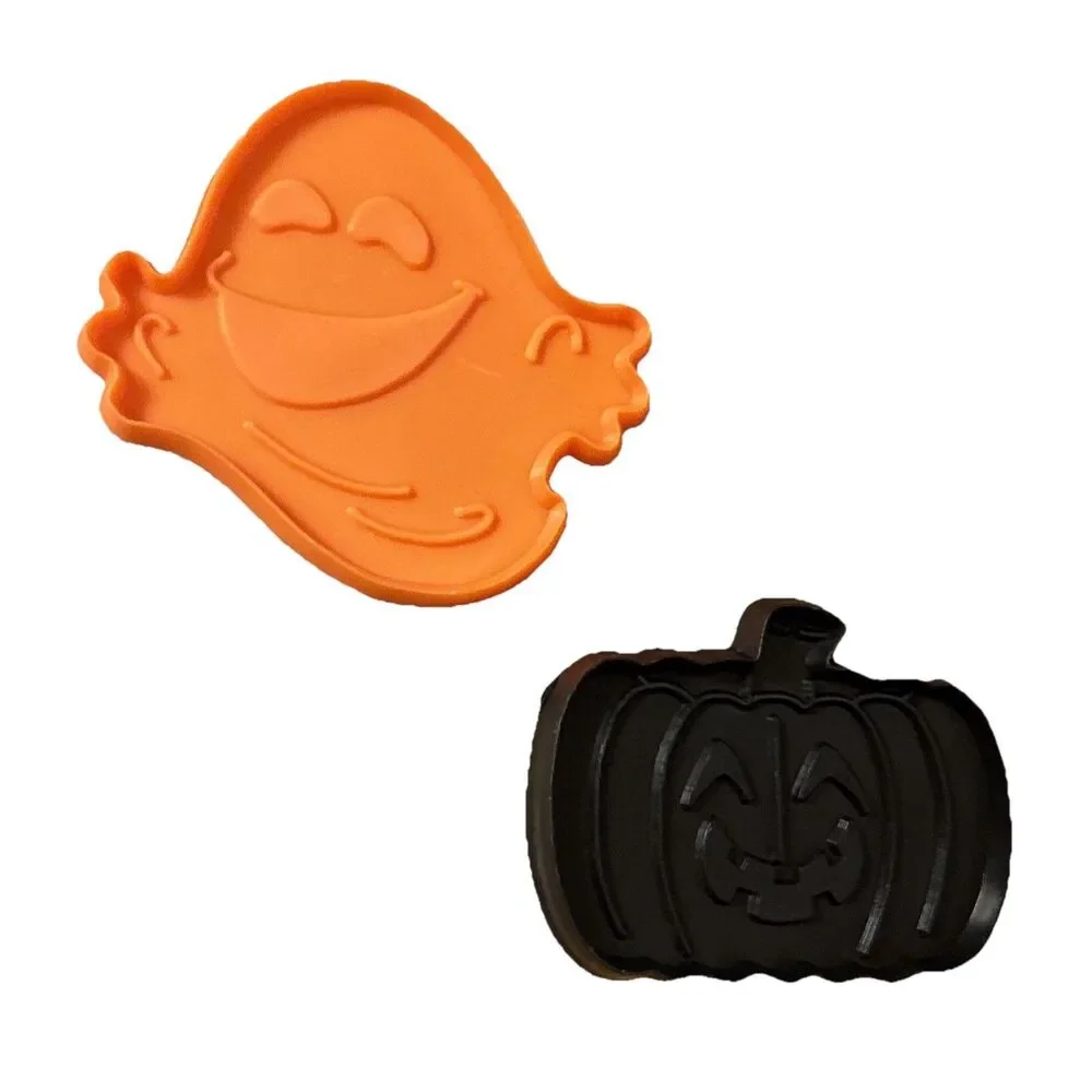 Pair Vintage Small Halloween Fall Cookie Cutters Orange Ghost Black Pumpkin